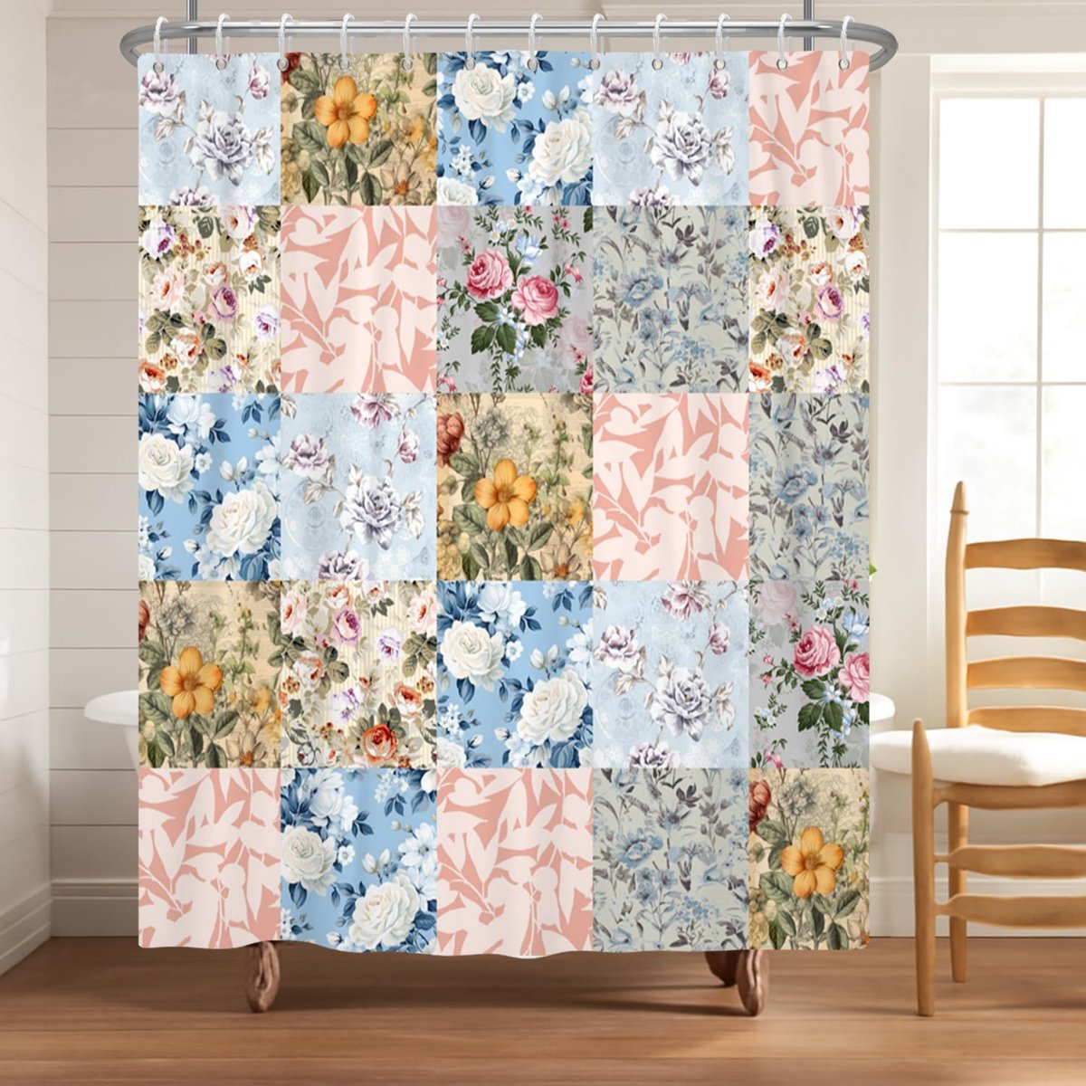 Douchegordijn, patchwork, bloemen, vintage, rozenpatroon, retro, in pasteltinten, aarden, schattige esthetiek, vintage stof, waterdicht, badkamerdecoratie, elegant