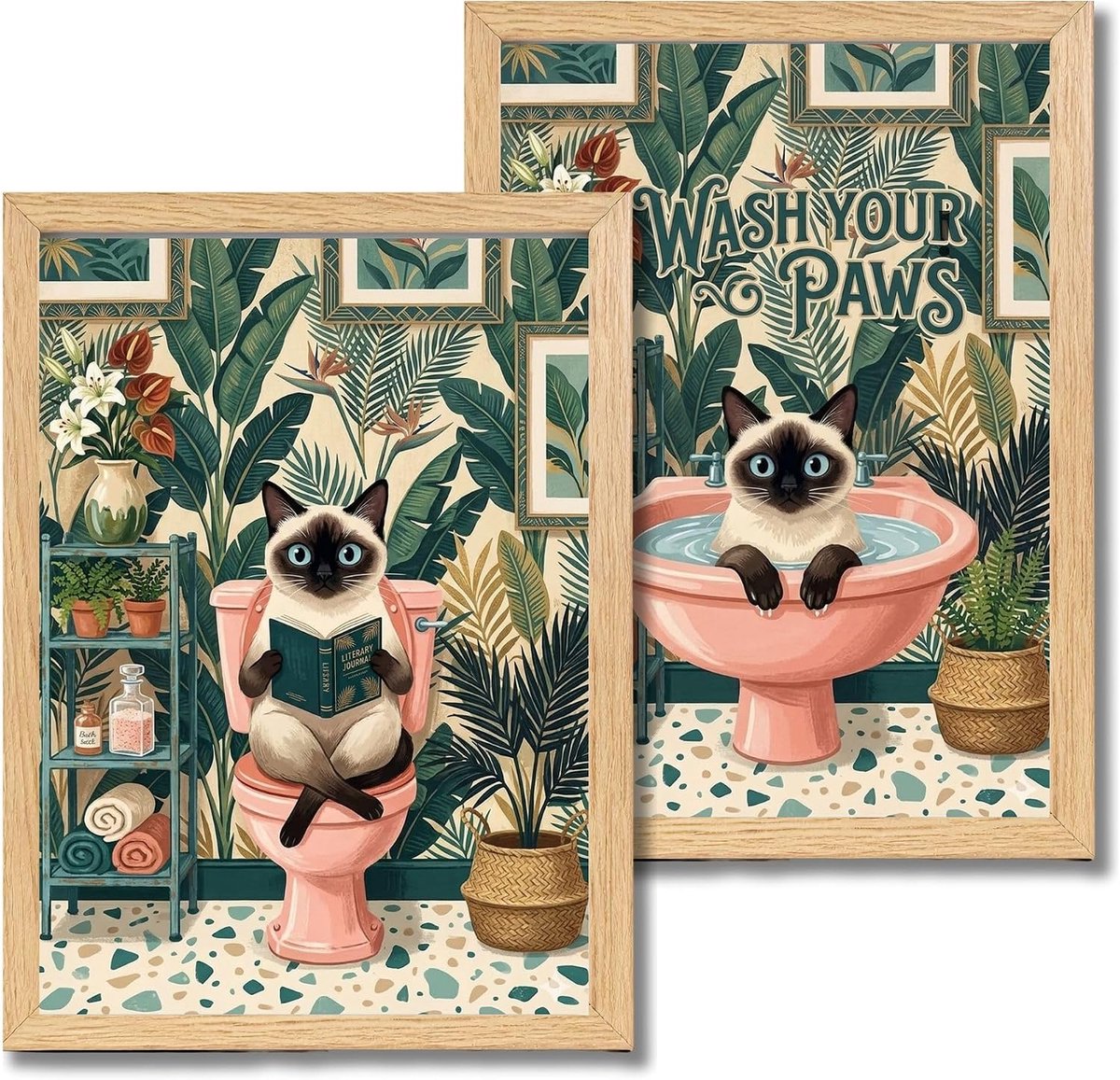 Grappige decoratieve poster voor badkamer, poster, 2 stuks, kat wash your paws, 20 x 30 cm, zonder lijst (katten)