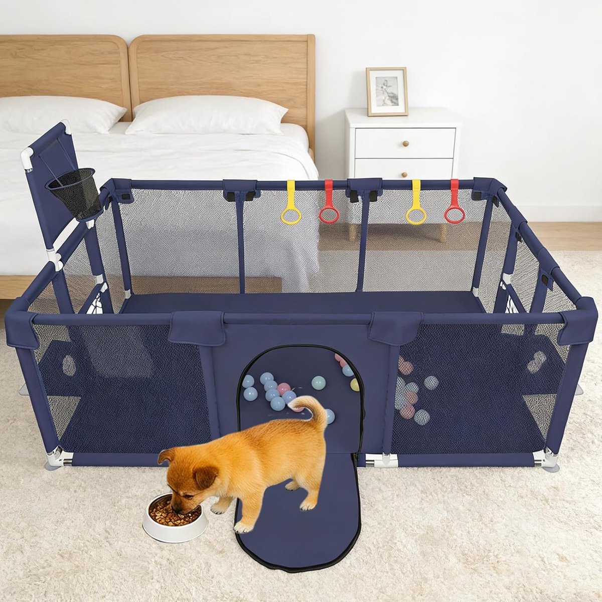 Puppybox met deur, box voor puppy's of kleine honden, machinewasbaar, binnen en buiten (180 x 120 x 66 cm, marineblauw)