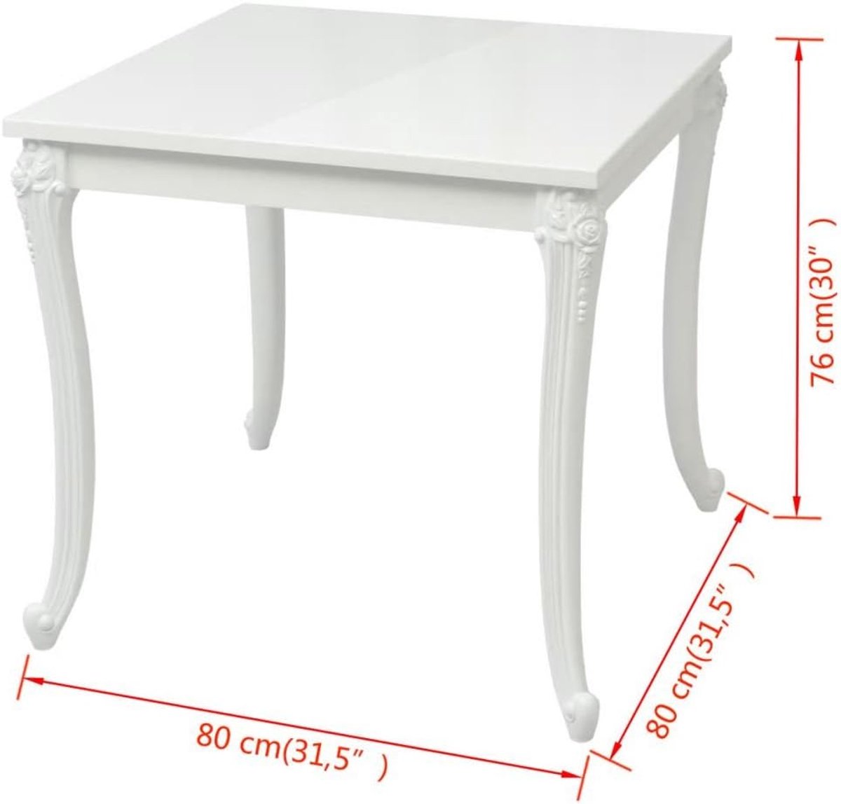 80 x 80 cm eettafel eetkamertafel keukentafel vierkant salontafel kunststof poten MDF hoogglans wit