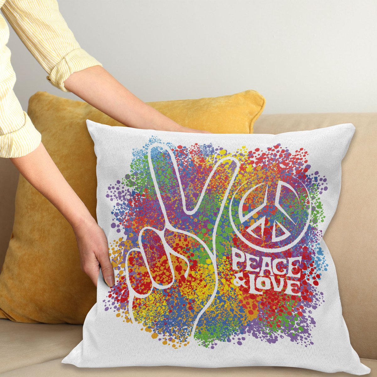 ABAKUHAUS Hippie Kussenhoes, Vrede Liefde Pazifismus, Kussenhoes met Dubbelzijdig Patroon, Heldere Digitale Print, Kleurecht, met Ritssluiting, 40 x 40 cm, Meerkleurig