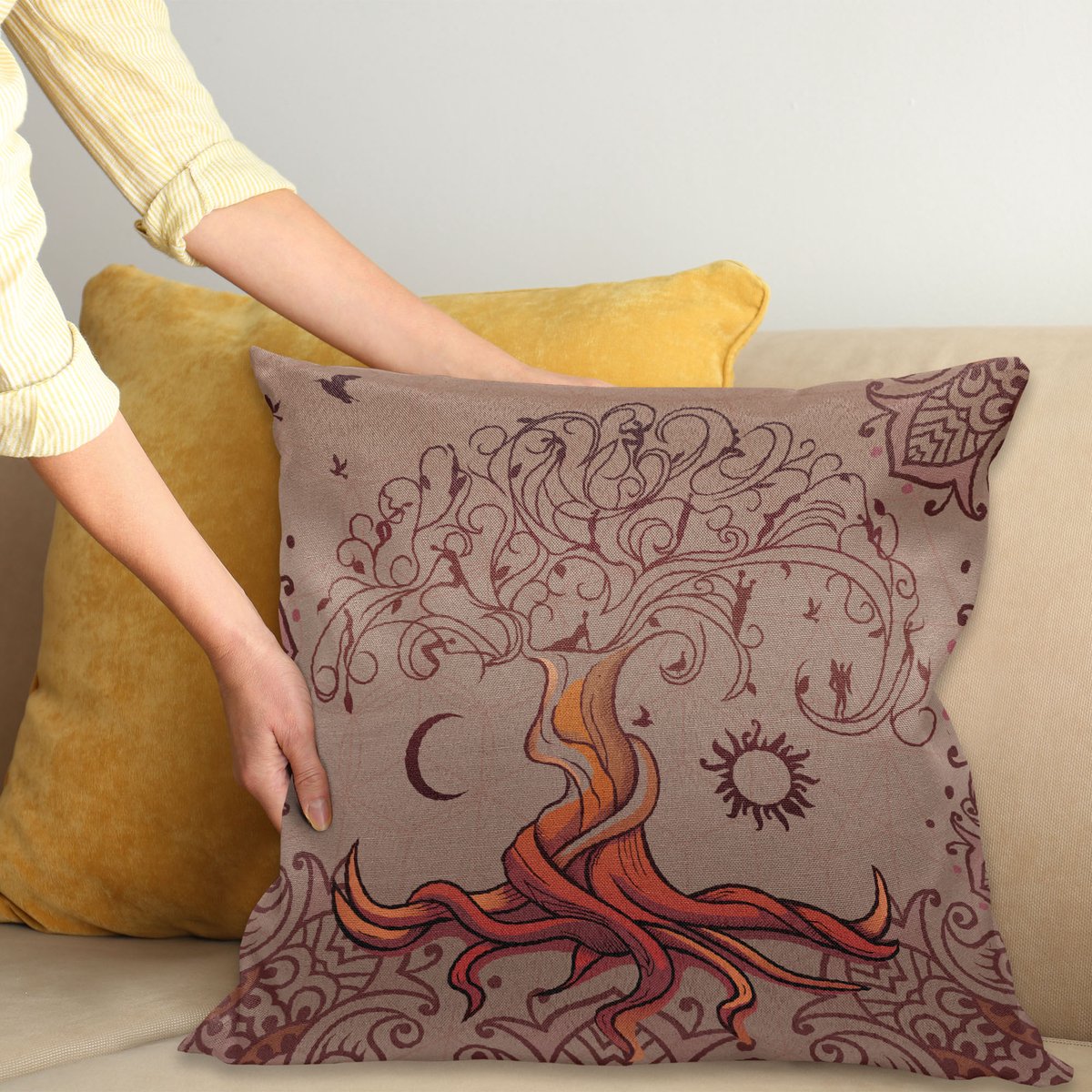 ABAKUHAUS Etnisch Kussenhoes, Reizend Vintage Boom, voor de Binnen of Buiten Gebruik Geschikt met Ritssluiting Wasbare Stof, 50 x 50 cm, Oranje Mauve Taupe