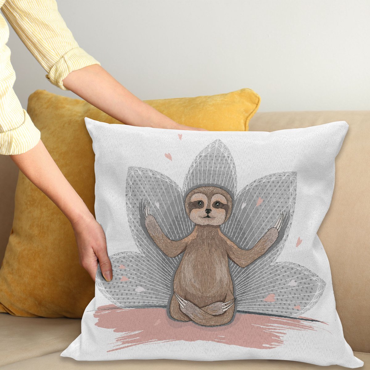 ABAKUHAUS Faultier Kussenhoes, Kleine Sloth Meditation, Kussenhoes met Ritssluiting en Dubbelzijdige Print, 40 x 40 cm, Roze Bruin Grijs