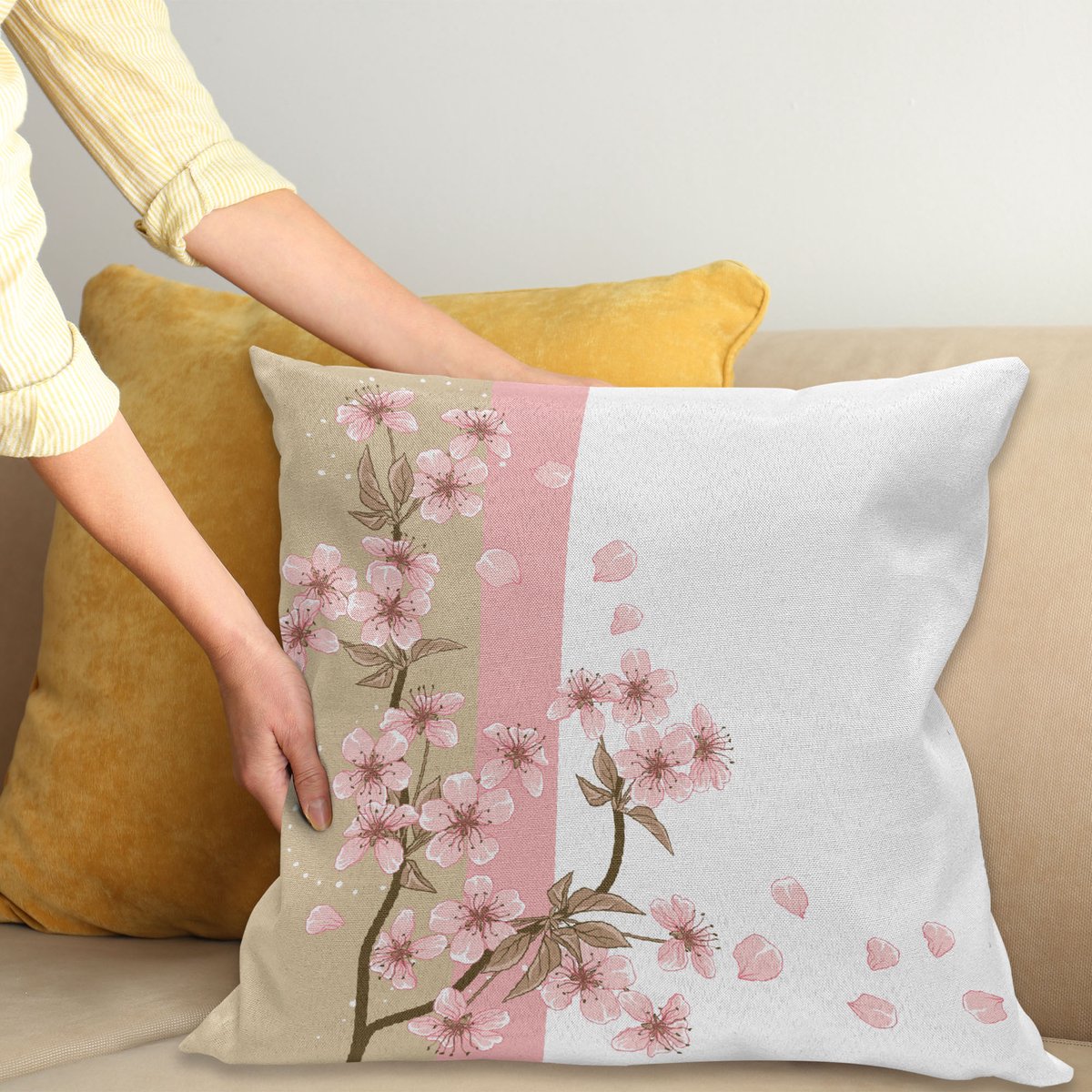 ABAKUHAUS Japans Kussenhoes, Romantische Sakura-Bloesems, Kussenhoes met Ritssluiting en Dubbelzijdige Print, 40 x 40 cm, Zand Bruin Hellrosa