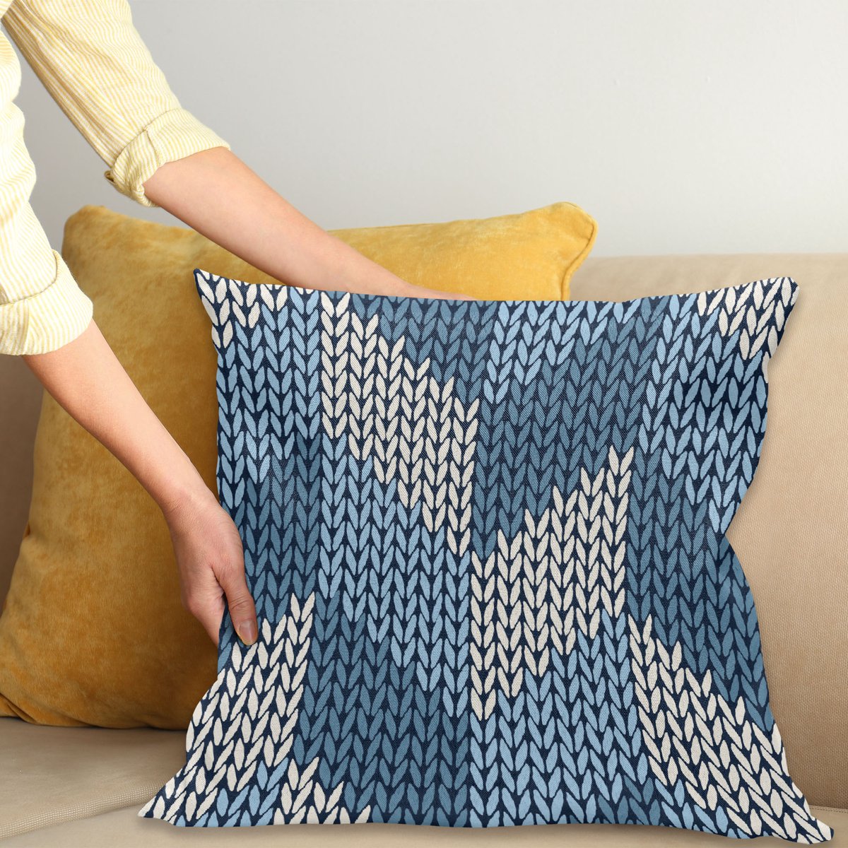 ABAKUHAUS Blauw Kussenhoes, Nordic skandinavischen Retro, Digitale Print, Waterbestendig, Kleurecht, Wasbare Kussenhoes met Ritssluiting, 45 x 45 cm, Lichtblauw Wit
