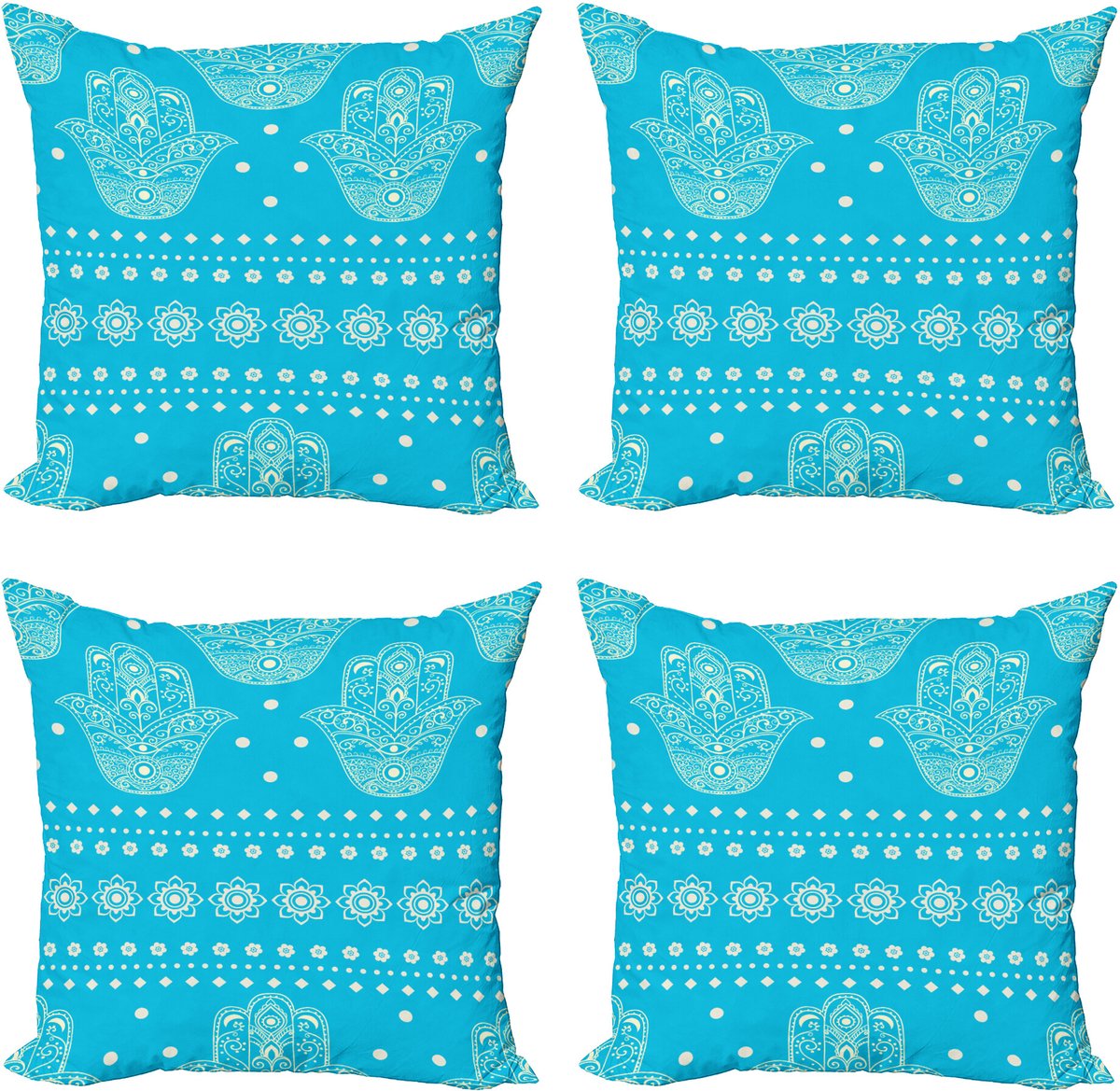 ABAKUHAUS Hamsa Sierkussen Kussenhoes 4er Set, Oosters Kulturblumen, Modern Accent Dubbelzijdige Digitale Print, 40 x 40 cm, Blauw