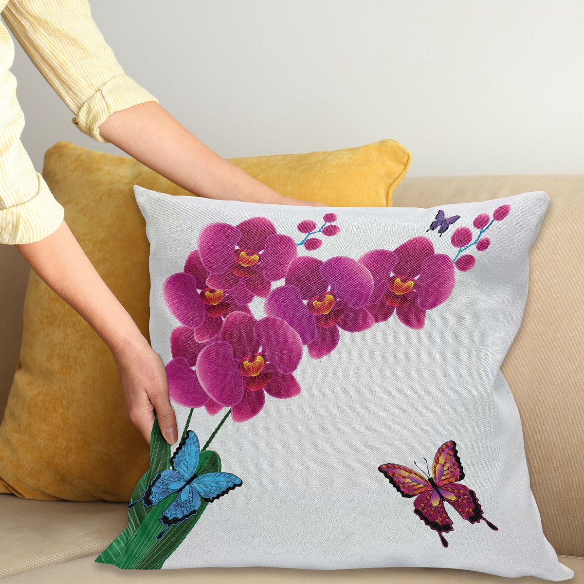 ABAKUHAUS Orchideen Kussenhoes, Roze Bouquet Schmetterlinge, Water- en Vuilafstotende Stof met Digitale Print voor Binnen en Buiten, 45 x 45 cm, Meerkleurig