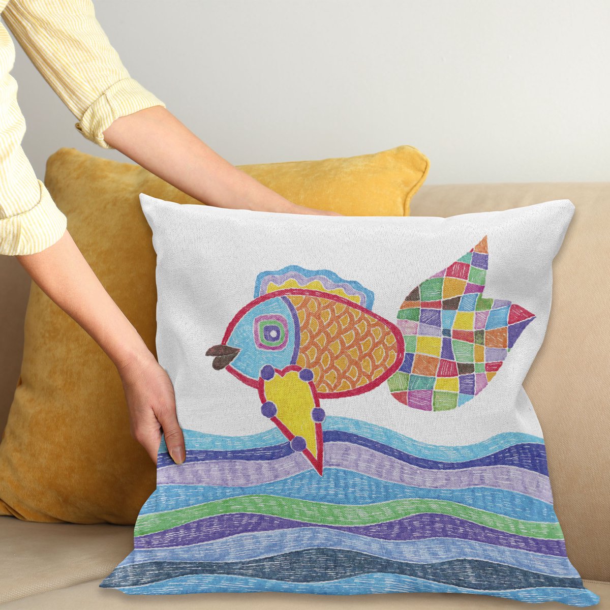 ABAKUHAUS Vis Kussenhoes, Fischschuppen en Quadrat-Doodle, Kussenhoes met Ritssluiting en Dubbelzijdige Print, 45 x 45 cm, Meerkleurig