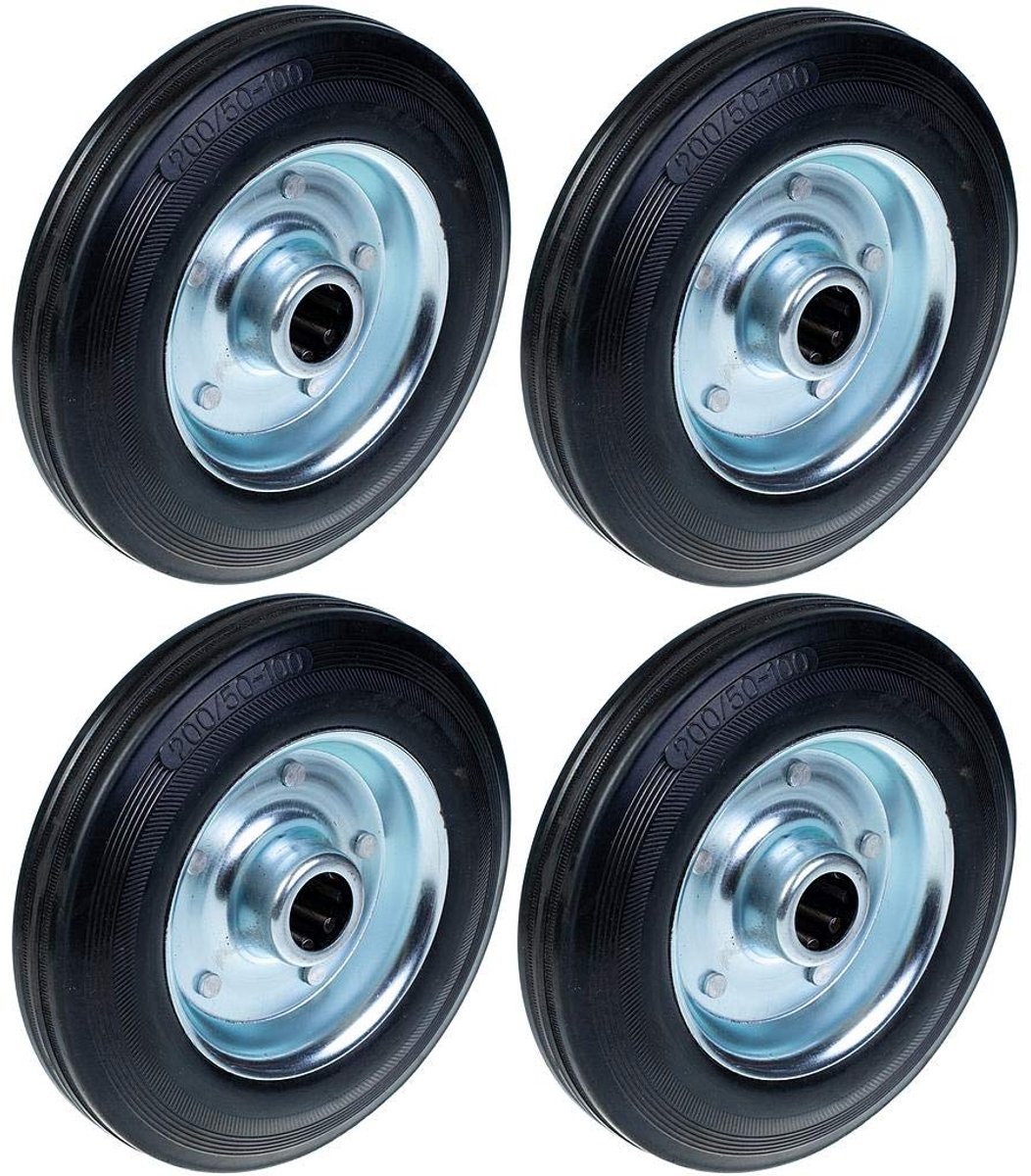 200mm 8 inch wielen rubberen band met geperst stalen centrum 25mm 740kg, set van 4