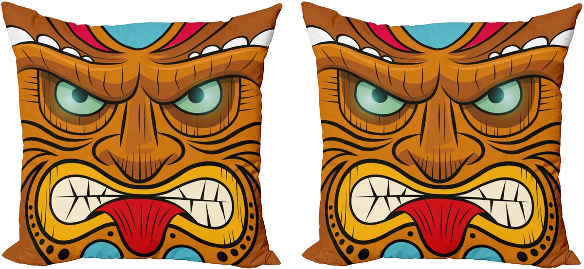 ABAKUHAUS Tiki Bar Sierkussenhoes Set van 2, Verärgertes Gesicht Totem, Modern Accent Dubbelzijdige Digitale Print, 45x45, Meerkleurig