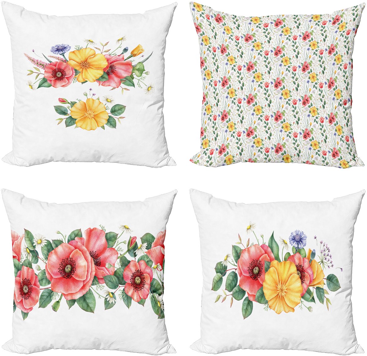 ABAKUHAUS Bloemen Sierkussen Kussenhoes 4 er Set, Lente-Laub Corsage Formular, Modern Accent Dubbelzijdige Digitale Print, 60 x 60 cm, Meerkleurig