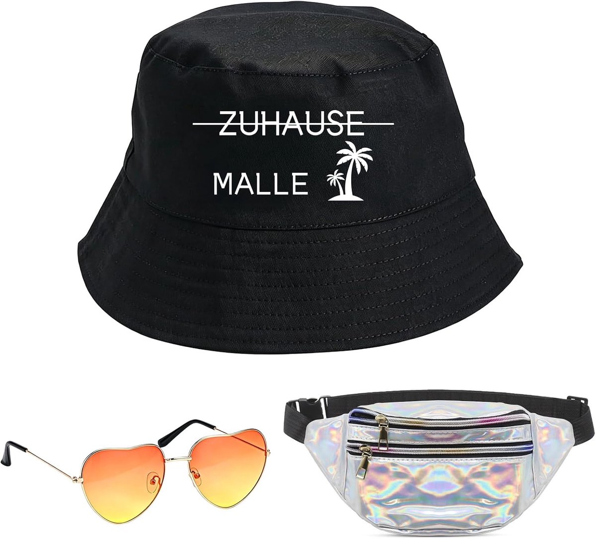 3 stuks Mallorca accessoires, Mallorca visserspet, oranje hartvormige zonnebril, gekleurde PU-leder heuptas, feestoutfit voor dames in Mallorca-stijl