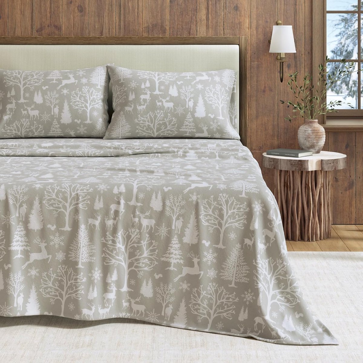 lakenset California King Size - 100% Turks katoen, dubbel geborsteld, bedrukte lakens - ultrazacht, gezellig, 4-delige beddengoedset (betoverd hout - grijs)