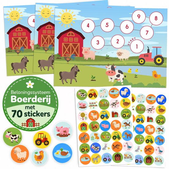 Boerderij beloningskaarten met zon, boerderijen, dieren en een telspel van 1 tot 9. Bevat 70 boerderijstickers.