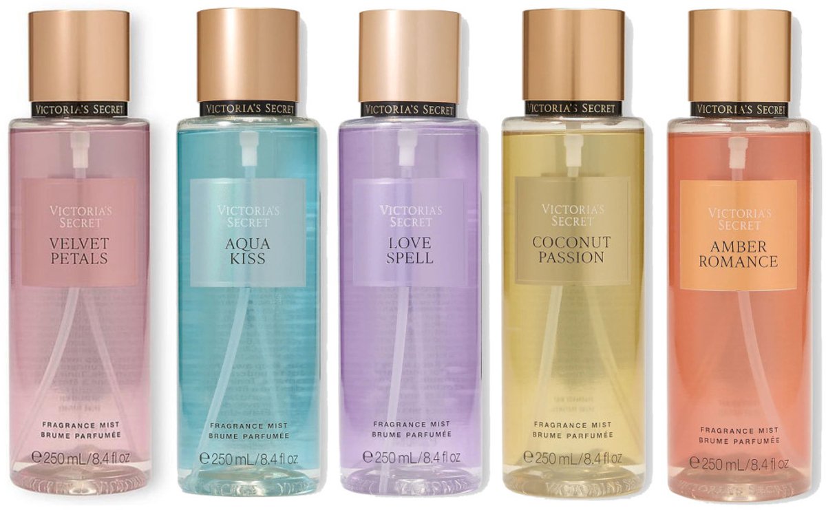 Victoria's Secret - Set van 5 Body Mists 250 ml - Amber Romance/Coconut Passion/Love Spell/Aqua Kiss/Velvet Petals