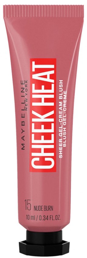 Maybelline Cheek Heat Gel-Cream Blush in 15 Nude Burn. Een roze tube met rode tekst.