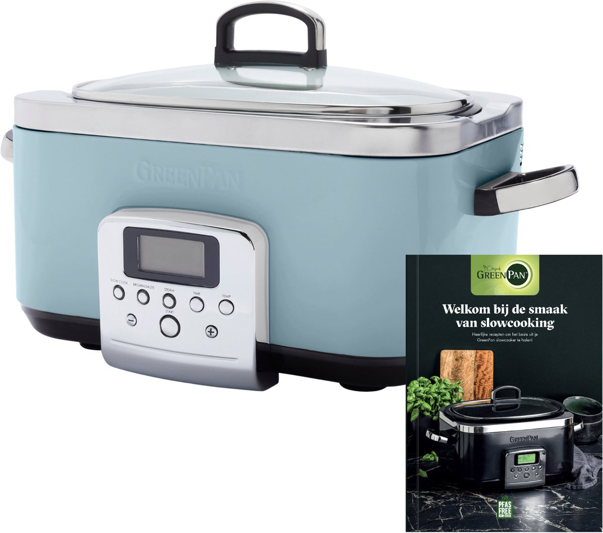 GreenPan Elite Slowcooker 6L - PFAS-vrije antikleeflaag - Leddisplay met kookprogramma's - Koudgreep- Vermogen: 1350 Watt - RVS Deksel - Met Receptenboek - Blauw
