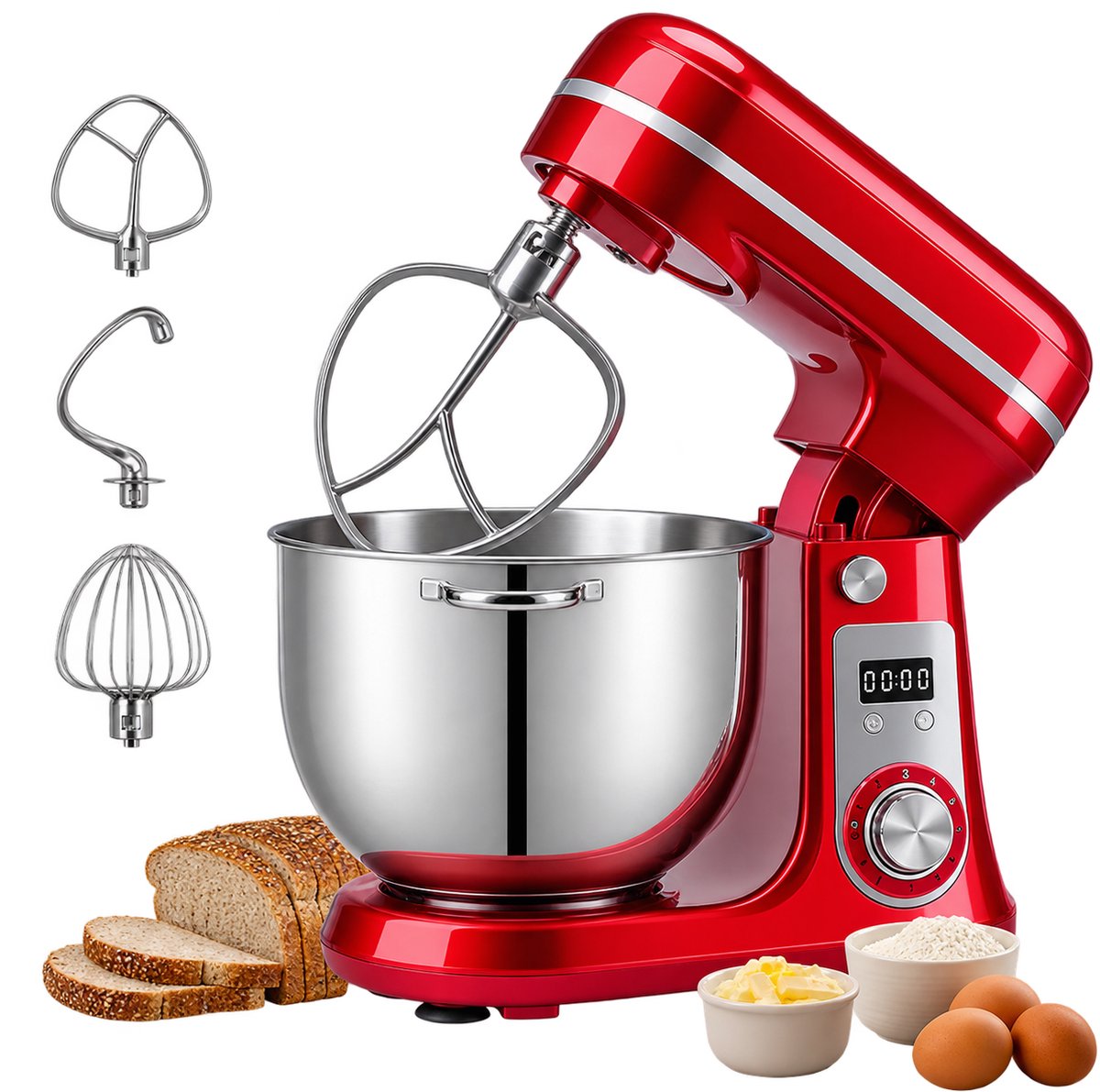 TCS Keukenvoedselmixer - 6L - Rood - Blender - Deegmixer - Bakmixer - Stille motor - Crème eiergarde - 1200 W - 6 Snelheden