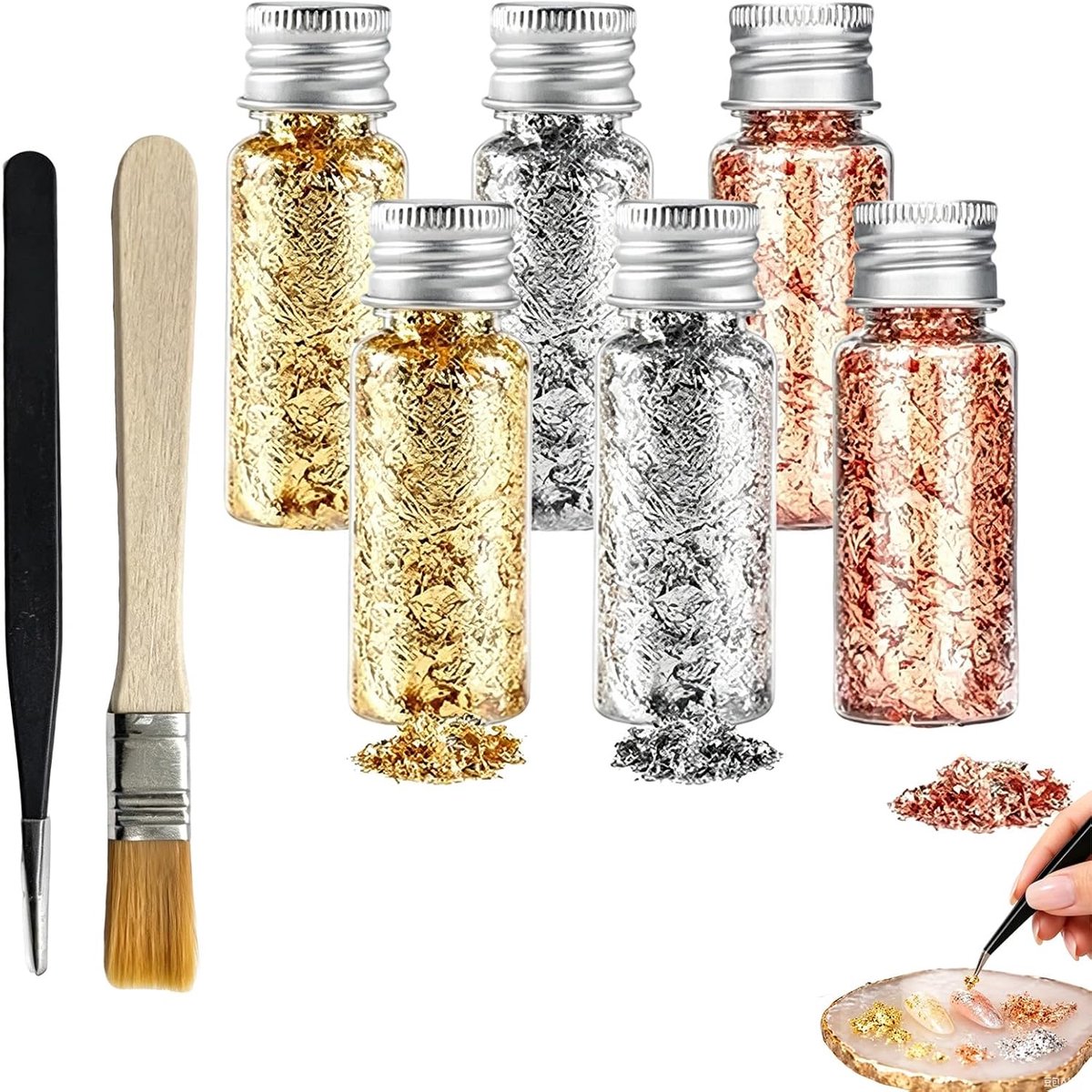 Bladgoud vlokken set met pincet en kwast - Metallic folievlokken in goud, zilver en rosegoud - Goudvlokken voor epoxyhars sieraden, kunsthandwerk, DIY-knutselen en meubeldecoratie