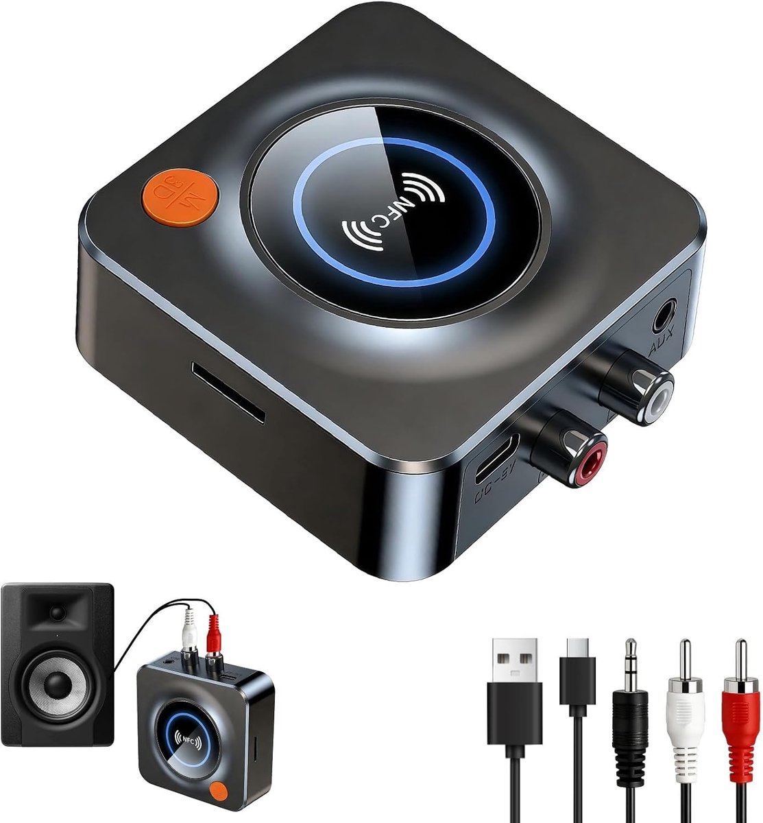 Bluetooth 5.1 audio-ontvanger, draadloze audio HiFi draadloze ontvanger adapter met 3,5 mm AUX en RCA cinch voor stereo-installatie, luidsprekers, basmodus, HD Low Latency