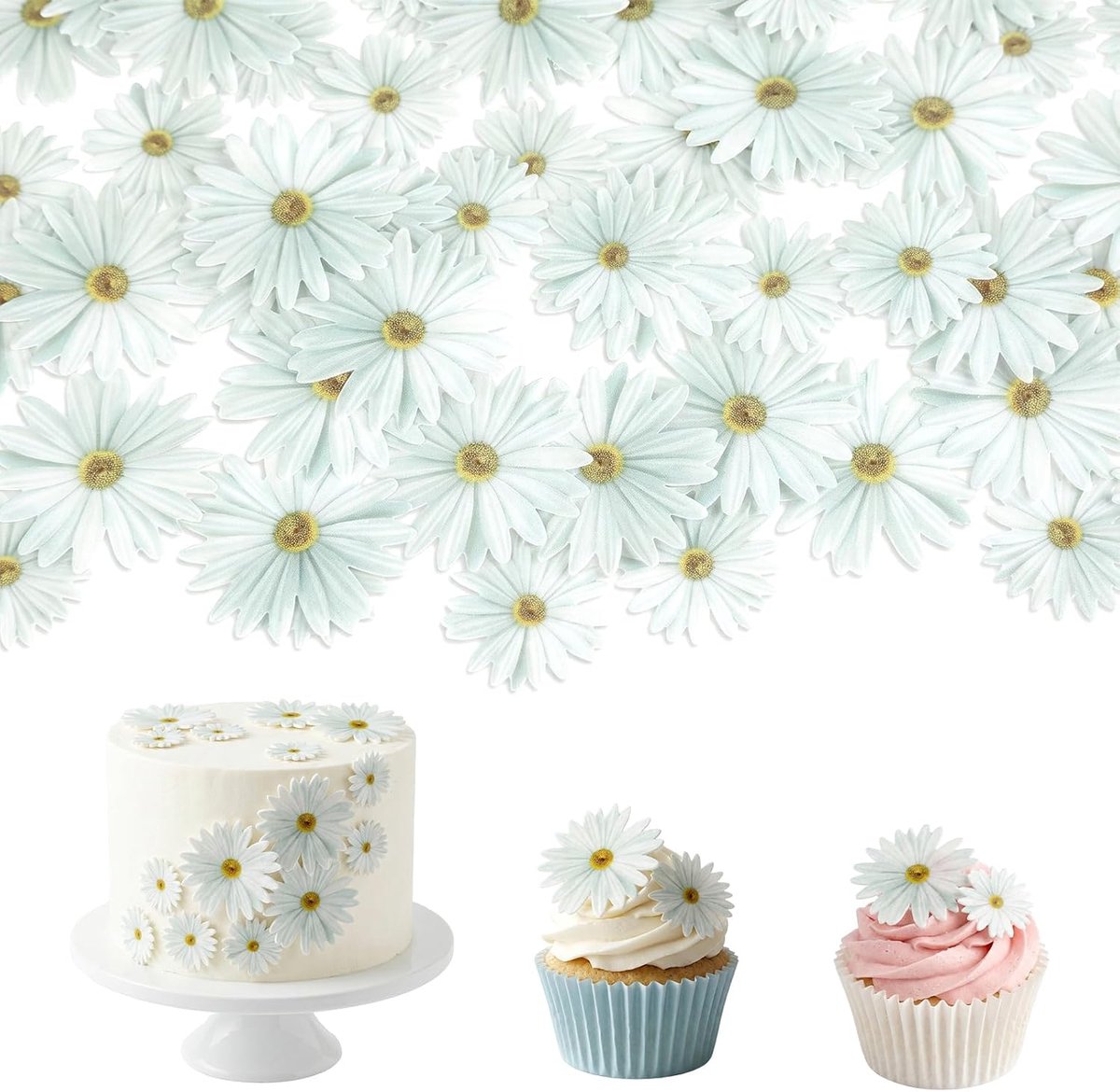 Eetbare bloemen voor taart, rijstpapier, madeliefjes, 4,2 cm/3 cm