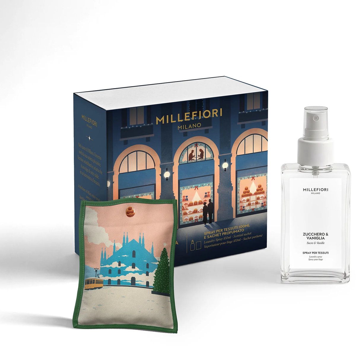 Millefiori Milano - Kerst Cadeauset - Textielverfrisser 100ml & Sachet - Zucchero & Vaniglia