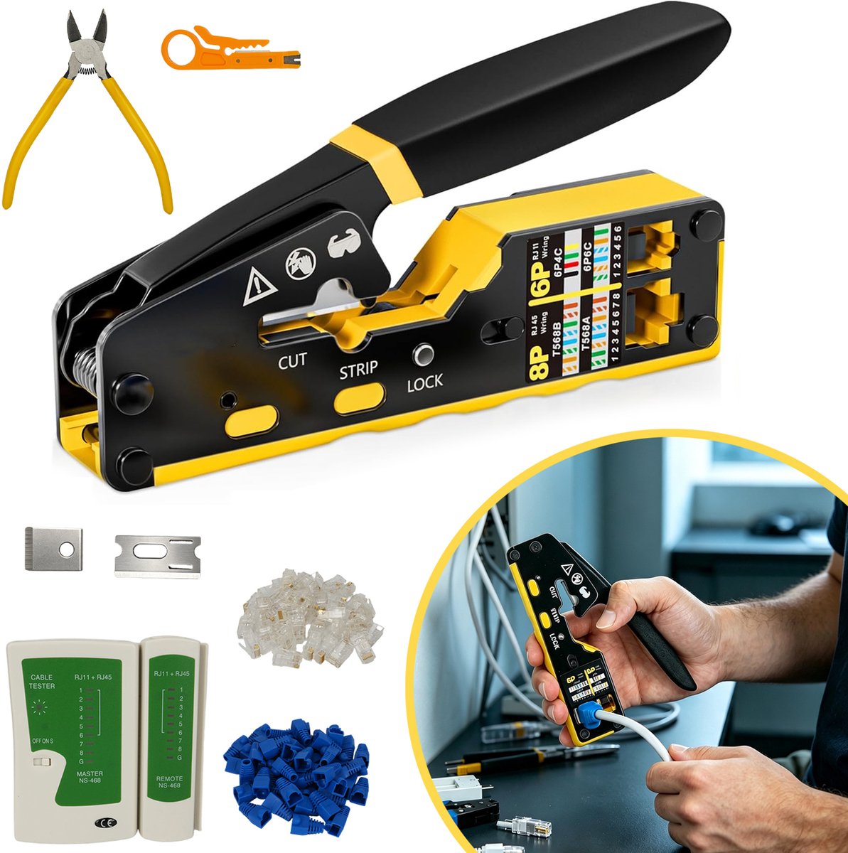 Ethernet-Krimpgereedschapsset - RJ45-Krimphulpmiddelen - Pass-Through-Krimpset Met Tester - Vermenigvuldig Stripper