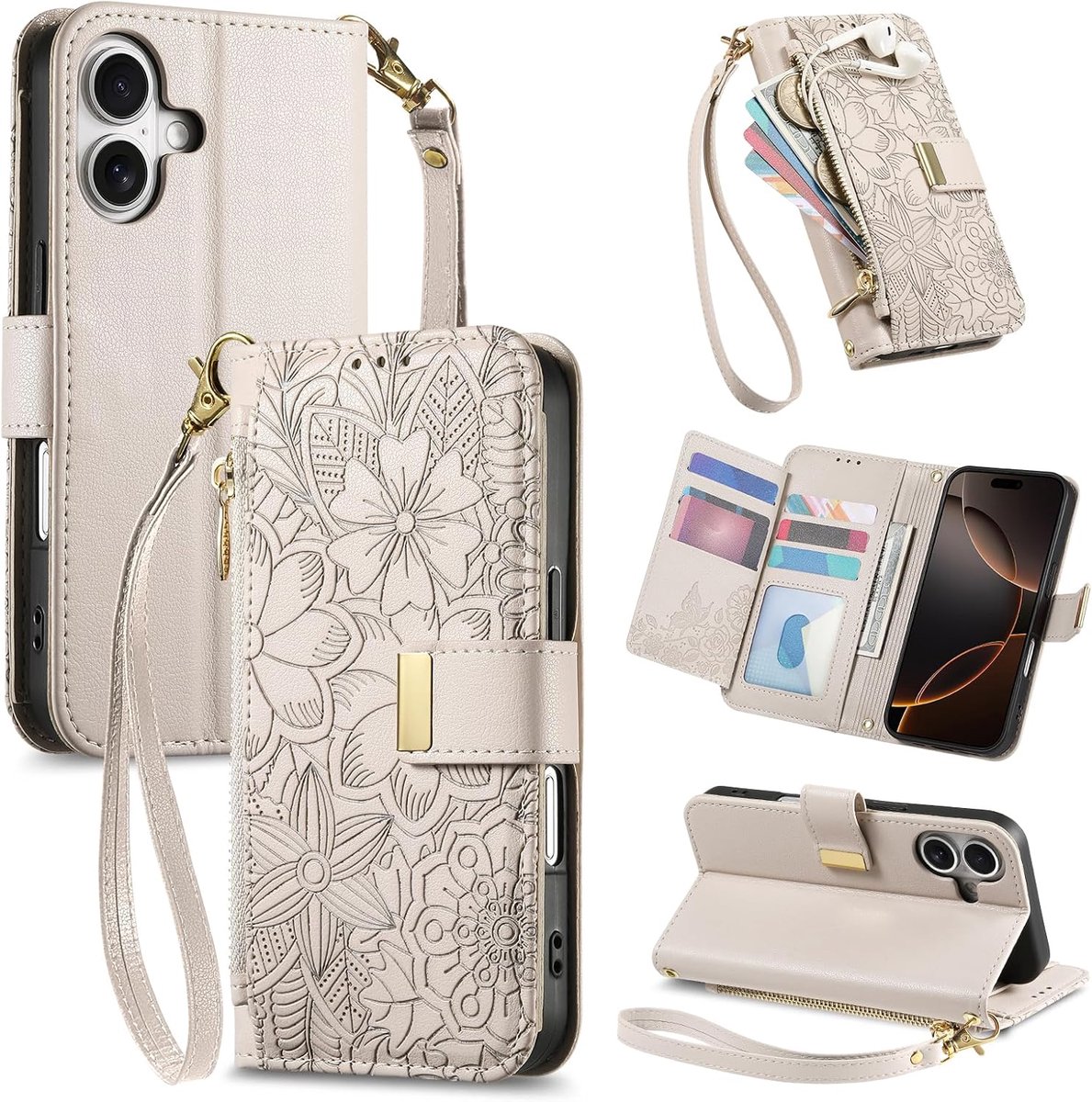 Hoes voor mobiele telefoon voor Apple iPhone 16, klaphoes, lederen klaphoes met ritssluiting, kaartvakken, standaard, band, bloemenreliëf, beschermhoes voor dames, portemonnee, flip case, grijs