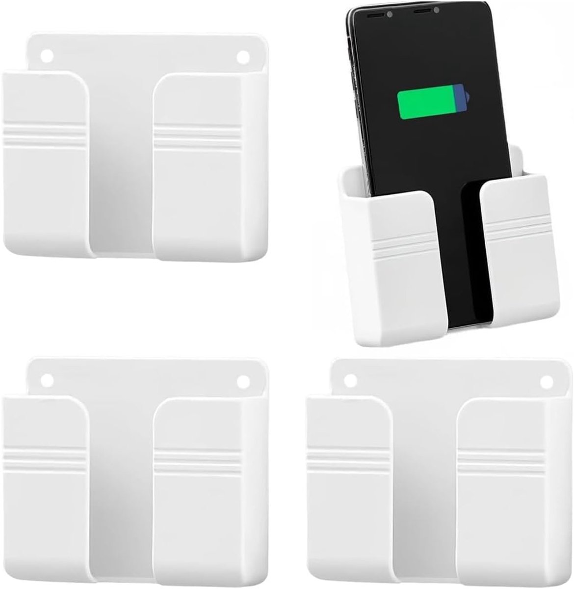 Wandhouder voor mobiele telefoon, 4 stuks, van kunststof, wit, als opladerhouder voor mobiele telefoons, voor wandmontage in woonkamer, slaapkamer of kantoor