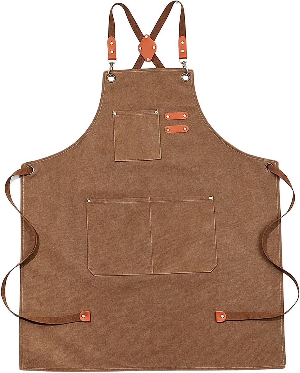 canvas schort met waterspat- en vlekbescherming, 3 zakken, verstelbaar kruisbandontwerp voor mannen en vrouwen, ideaal voor grillen, koken, tuinieren en doe-het-zelf, bruin, 127cm