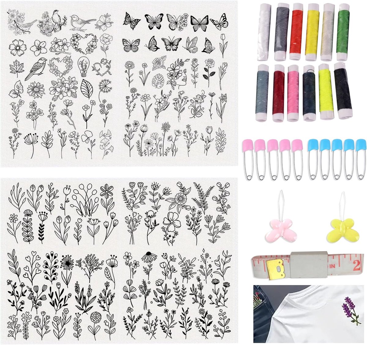 Borduurpatronen, 4 Vellen Wateroplosbaar Borduurvlies, A4 Bloemen Stabilisator Zelfklevende Borduurstickers met Naaibenodigdheden voor Beginners Borduren DIY