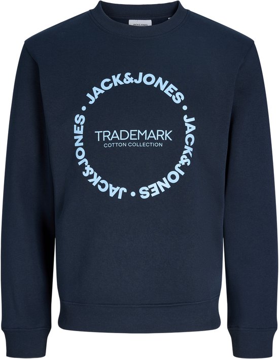 Donkerblauwe sweater met Jack & Jones cirkelprint. "TRADEMARK COTTON COLLECTION".