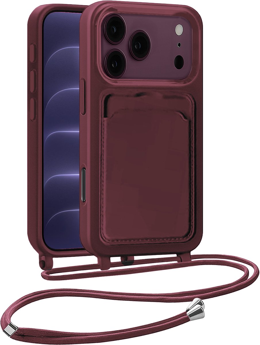 Hoesje Geschikt voor iPhone 18 Pro Hoesje Siliconen Case Met Koord - Hoes Geschikt voor iPhone 18 Pro Hoesje Backcover Met Telefoonkoord - Aubergine - 2 PACK