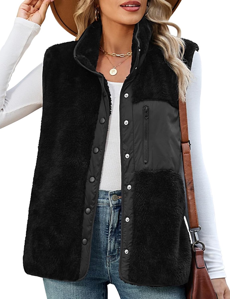 Teddyfleece vest voor dames, mouwloos jasje, button-down, opstaande kraag, warm, sherpa, gezellig vest met zakken, lichtgewicht, casual fleece vest voor herfst en winter