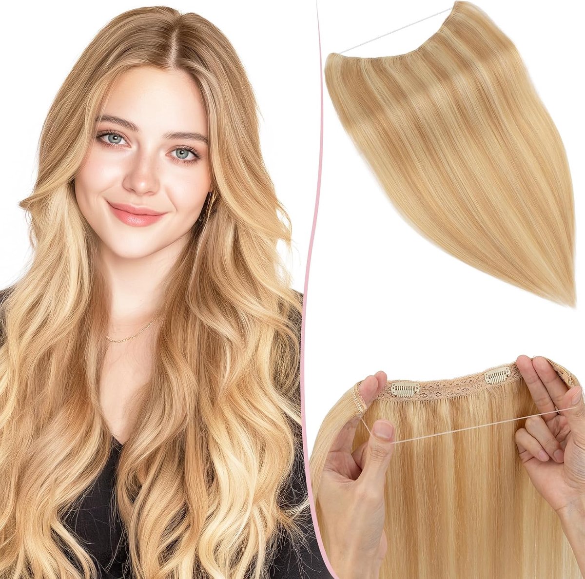 Extensions van echt haar met draad, onzichtbare haarverlenging, 1 vlecht, haarstukje, 100% Remy menselijk haar, Secret verstelbaar, 45 cm, 65 g, honingblond/lichtblond #18p613