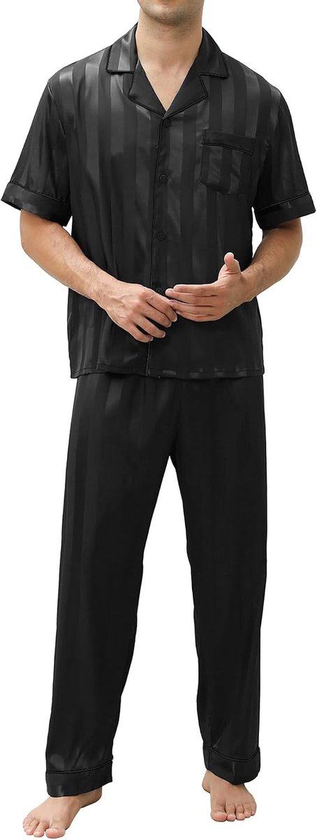 zomerpyjama voor heren, satijn, korte mouwen, knopen en broek, elegant en licht, S-XXL
