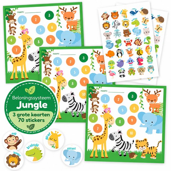 Beloningssysteem Jungle: 3 kaarten met een giraf, zebra, tijger en olifant, plus 70 stickers.