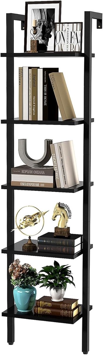 Wandplank met Ladderdesign, 5-Laags Boekenkast, Metalen Frame, Industrieel Voor Woonkamer, Keuken en Kantoor, 40×30×178CM Zwart