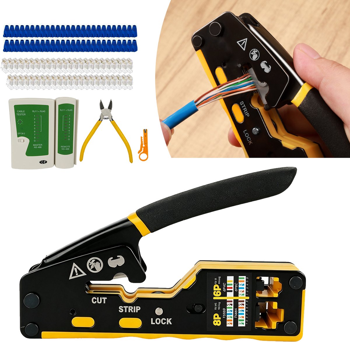 Krimpgereedschapset - Doorvoerkrimptang - Ethernet-Krimpkit - Stripper Snij- En Krimptang Alles-In-Één - Met Kabeltester