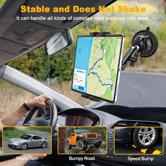 Tablethouder voor de auto met aluminium arm en grote zuignap, autovoorruithouder voor vrachtwagen, bestelwagen, compatibel met iPad Pro Air Mini/Galaxy Tab/Fire/mobiele telefoon, 4-13 inch — afbeelding 4