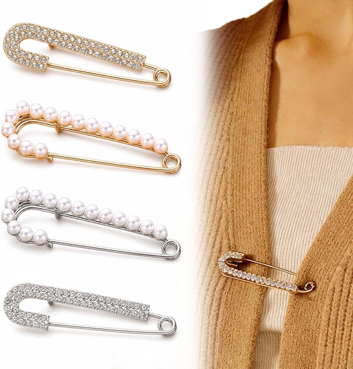 4 stuks broche van parels en strass voor dames, kleine decoratieve voedingsspelden voor kleding, hijab, truien, rokken, jurken, broeken, mouwen, hoeden, halskettingen, sjaals, tassen