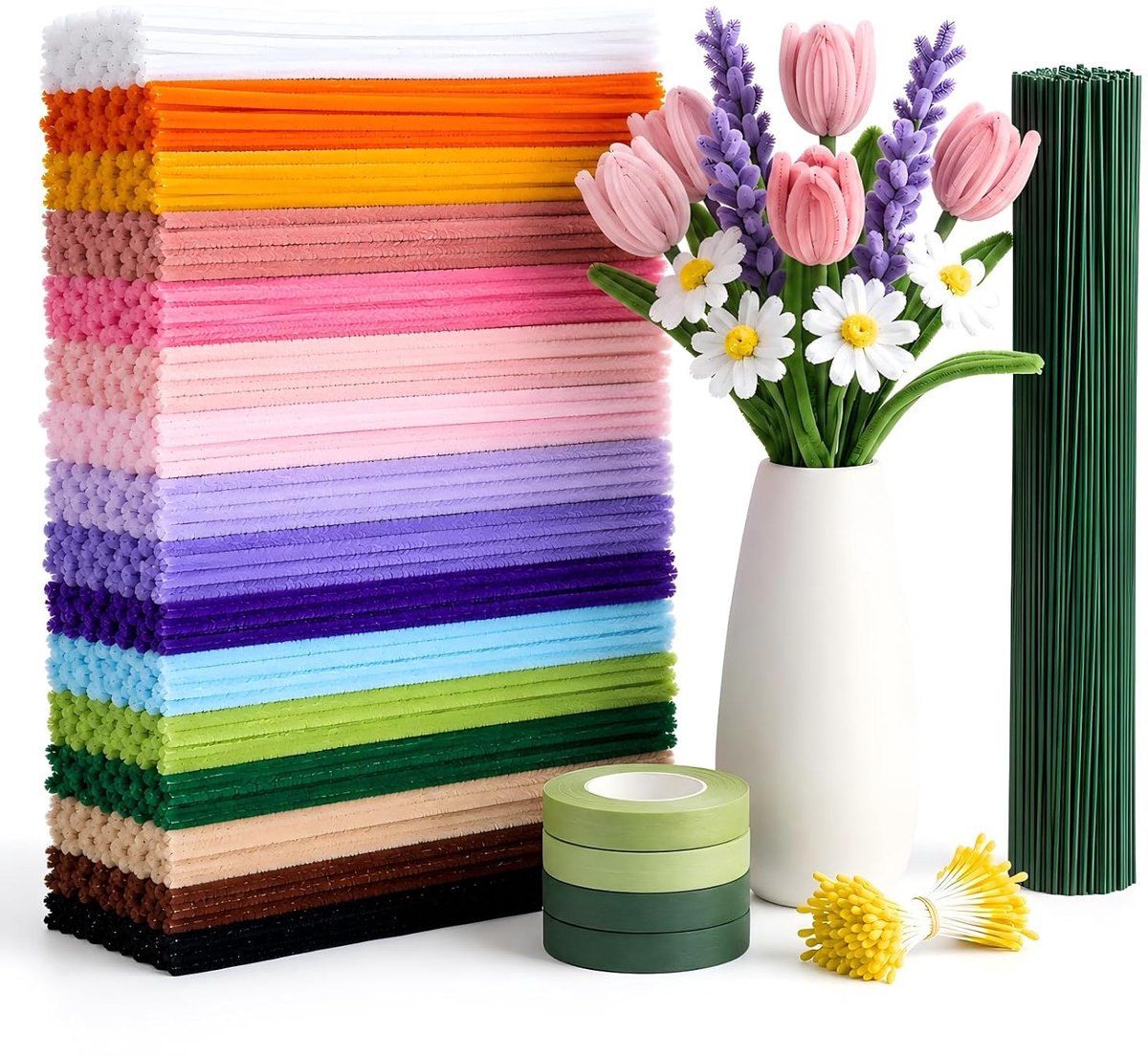 Pijpenrager, bloemenset, pijpenrager om te knutselen in 8 kleuren, met 30 bloemendraad en cadeaulint voor creatieve doe-het-zelf boeketten