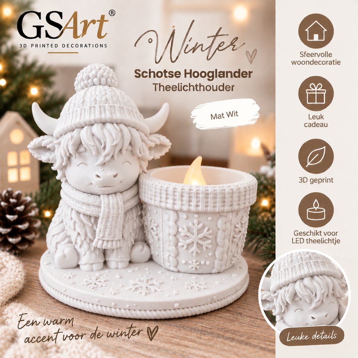 GSArt Theelichthouder Schotse Hooglander Winter – inclusief LED-kaarsje - Mat Wit