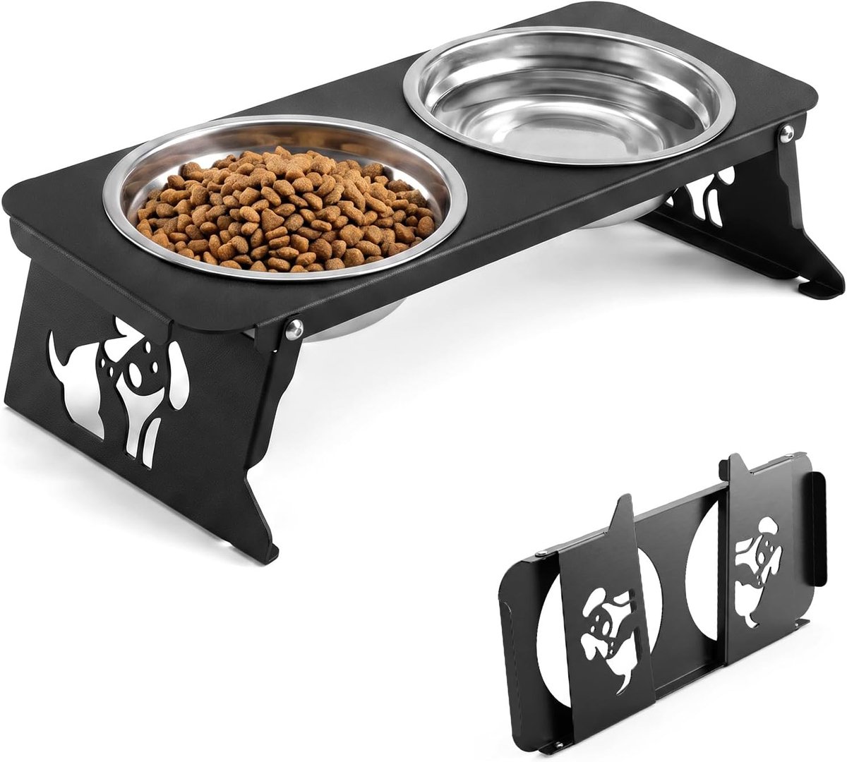 verhoogd - 2 stuks kleine kattenbakken roestvrij staal met opvouwbare metalen standaard, cervicale bescherming, kattenbak, hondenbak, verhoogde voerbak, waterbak, set voor kleine katten