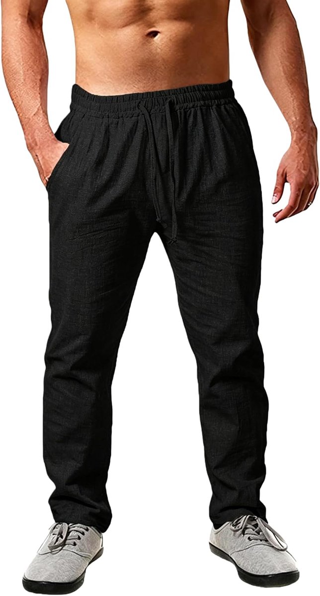 Linnen broek heren lange lichte zomerbroek losse fit vrijetijdsbroek met trekkoord zakken voor vakantie strand dagelijks gebruik