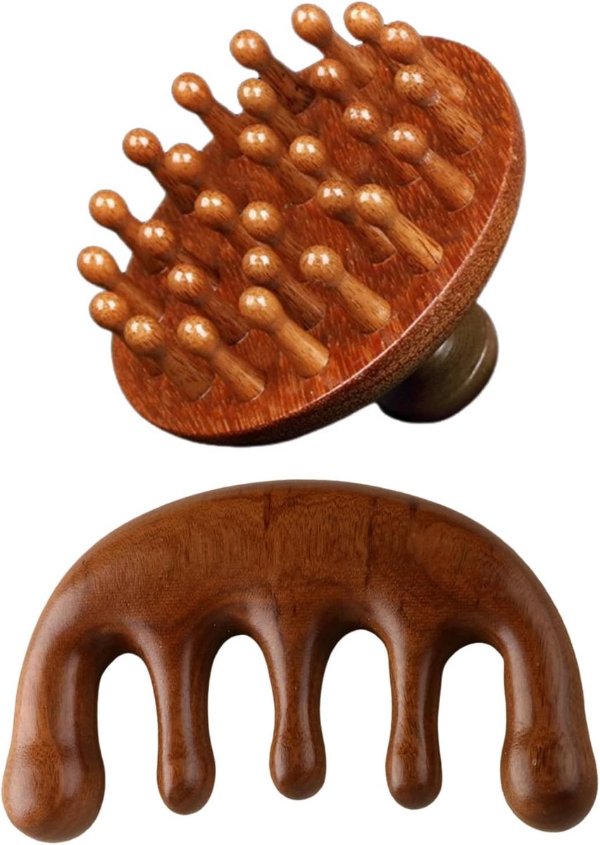 2 stuks hoofdmassageborstel, hoofdmassageborstel van hoogwaardig sandelhout, ronde schijf-massageborstel en vingerkam, houten hoofd massageborstels massagekam, voor hoofdmassage en haargroei