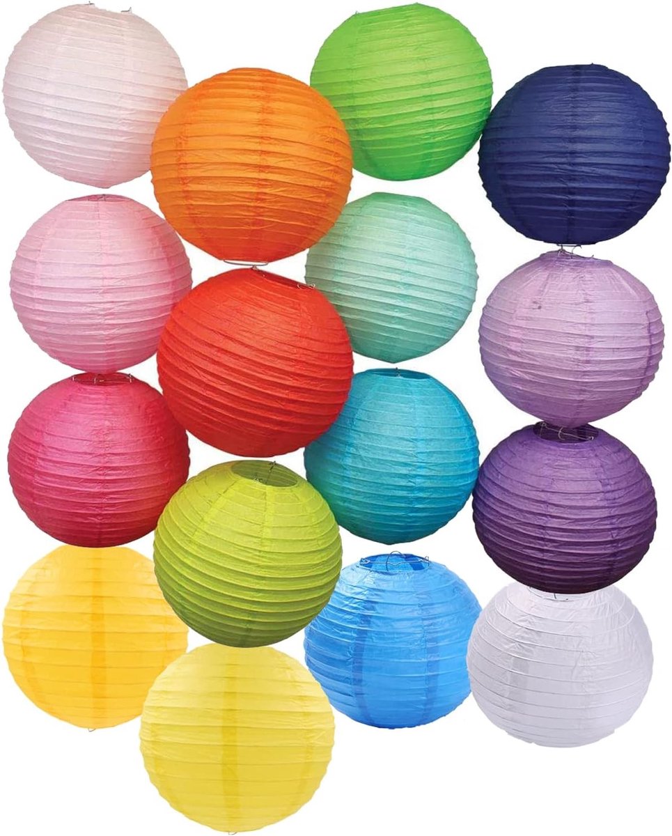 Kleurige Papieren Lantaarns Set van 16 Stuks, Ronde Lampionnen voor Decoratie en Feestjes, Handgeschilderde Versieringen in 16 Kleuren