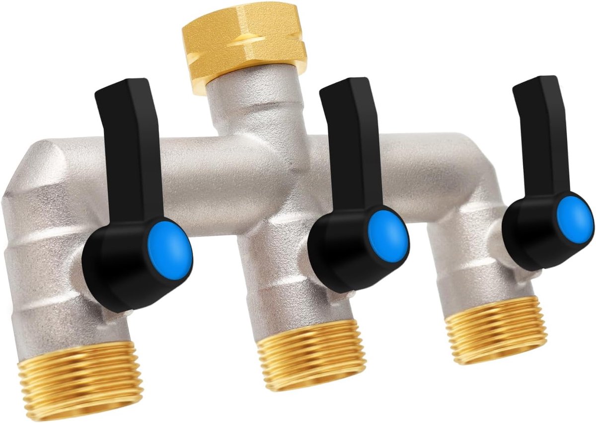 3-weg verdeler [Grote doorstroming], 3/4 inch waterkraan waterverdeler van vernikkeld messing, verlengde metalen handgreep, grotere uitlaat voor efficiëntere tuinirrigatie