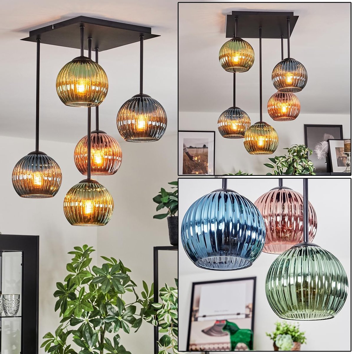 Plafondlamp, Kogellampje Blauw, Groen, Koperkleurig, 5-lichts