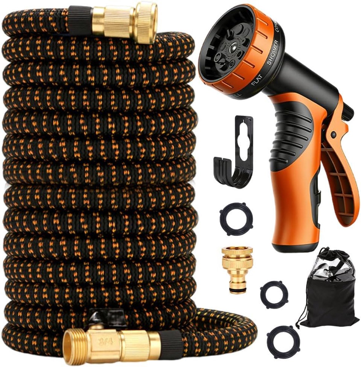 Tuinslang, 30 m, flexibele waterslang met 1/2 en 3/4 inch messing aansluitingen, uittrekbare waterslang voor irrigatie, tuinreiniging, autowassen, gieten